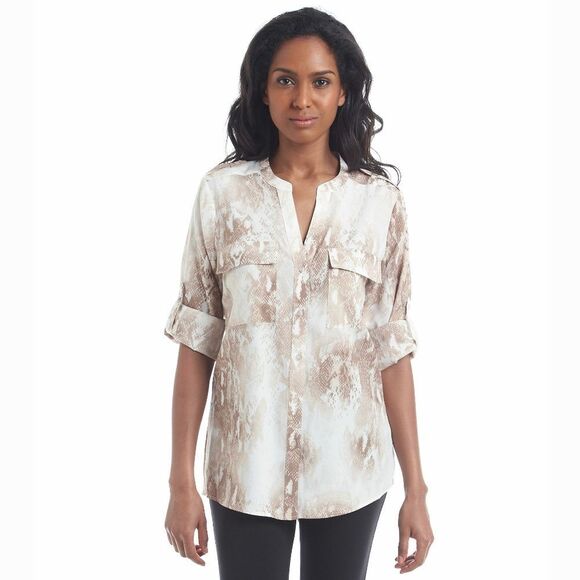 New! CALVIN KLEIN Python Print Button-Front Top Shirt Roll-tab Sleeve Work Top M - Picture 1 of 4